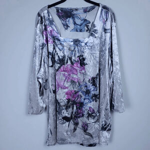 Essentials Womens Artsy Floral Velvet Top Size 3X Silver Square Neck Embellished